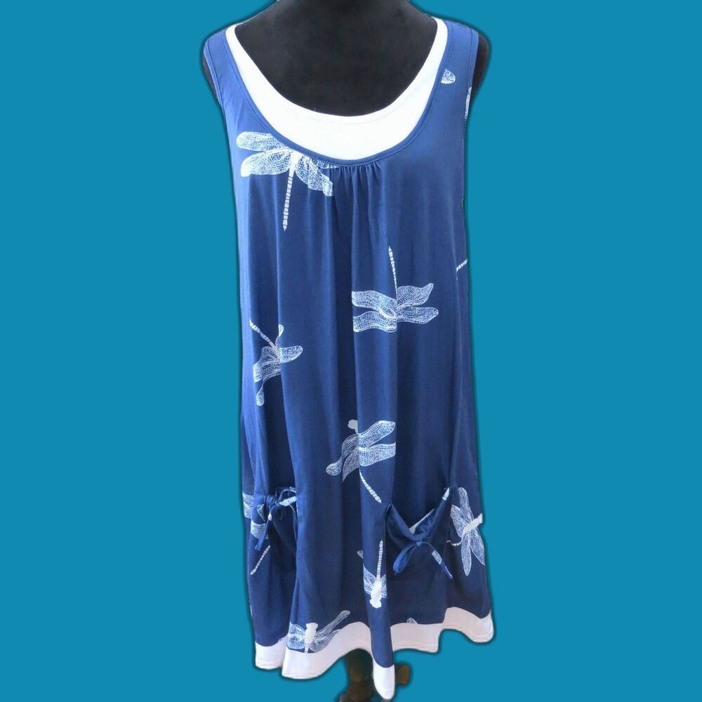 Misslook Women's Dragonfly Print Swing Tank Dress Blue/White  M EUC